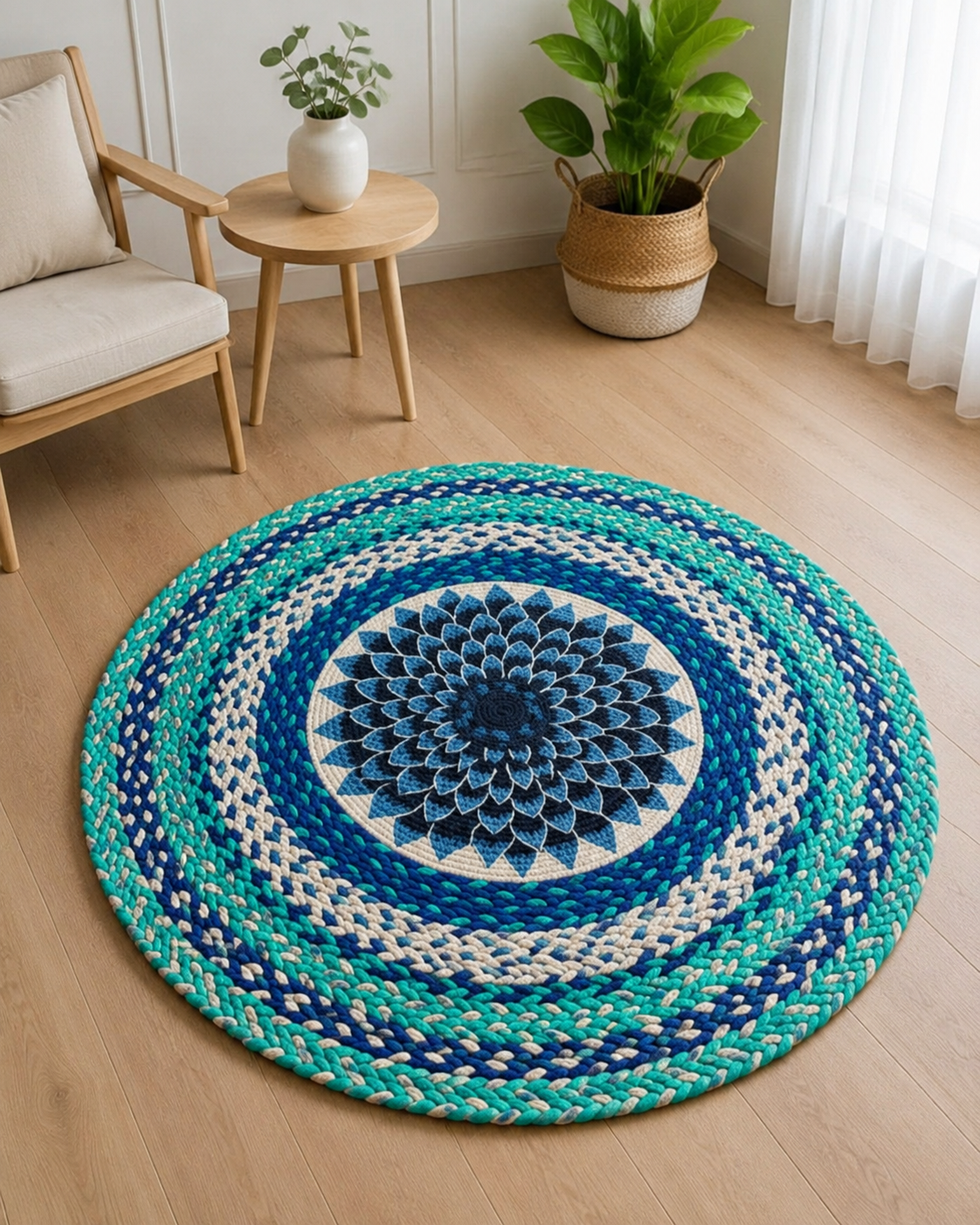 Premium Handmade Round Jute Rug | Blue Mandala Braided Rug | 100% Eco-Friendly Natural Floor Carpet 5 feet