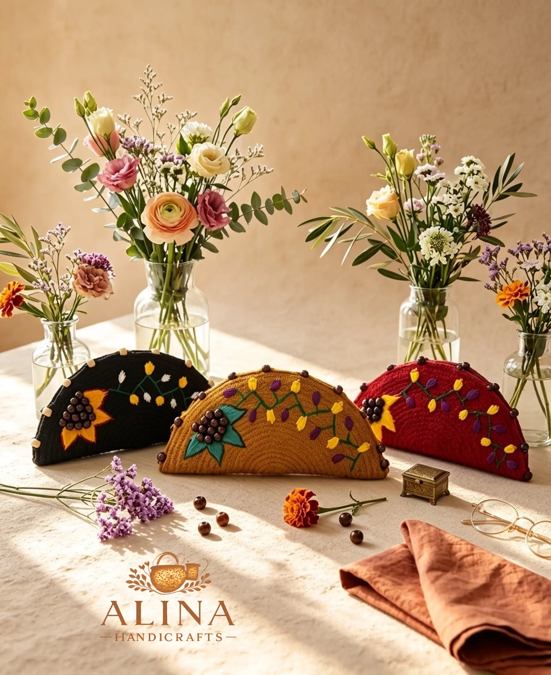 Handmade Floral Half Moon Clutch Bag